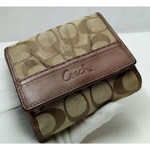 Coach Signature Brown Canvas Leather Trim Credit Card ID Window Trifold Wallet